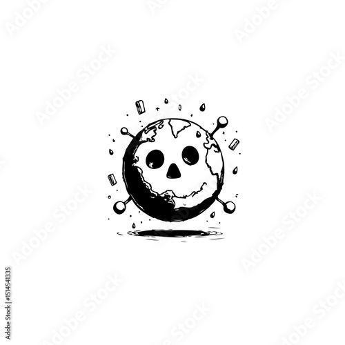 Distorted World: Skull-Faced Globe Under Threat in Black and White Illustration