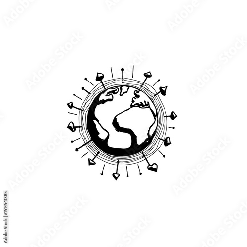 Conceptual depiction of global love with hearts surrounding earth illustration
