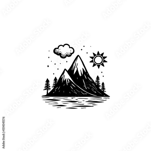Illustrative mountains landscape with sun cloud trees in monochromatic setting