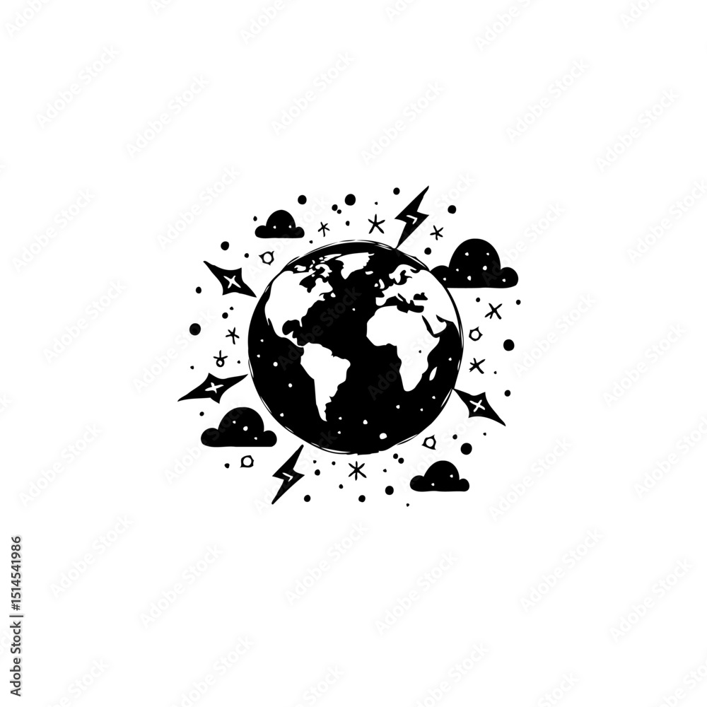 Obraz premium The Earth surrounded by celestial elements with a minimalist monochromatic design