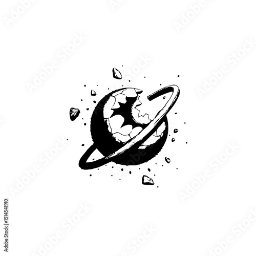 Minimalist black and white shattered planet with ring vector illustration