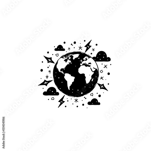 The Earth surrounded by celestial elements with a minimalist monochromatic design