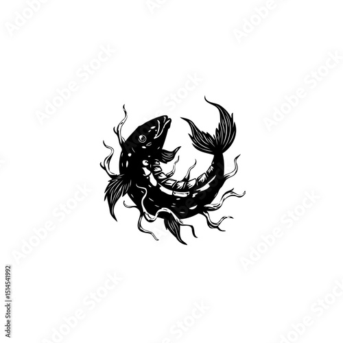 Monochrome Vector Illustration: Stylized Fish with Tentacles in Dark Silhouette