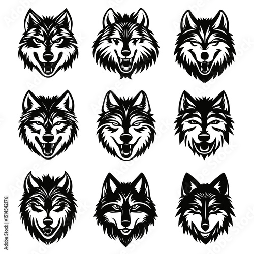 Black and white wolf head vector set with nine distinct minimalist animal illustrations featuring different facial expressions for logo and design use