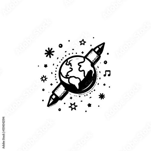 Creative world illustration featuring pencil orbiting the earth with starry background
