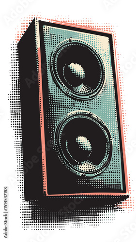 Retro style vintage speaker cabinet with dual woofers in grunge halftone dotted vector art for music sound system and audio equipment design