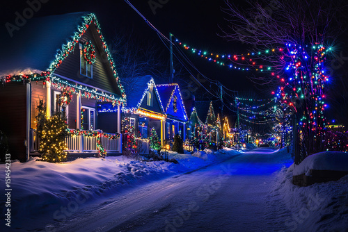 Colorful holiday lights illuminate a charming street decorated for the festive season
