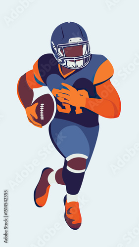 Minimalist vector illustration of American football player running with ball in protective gear and helmet in dynamic sports action pose