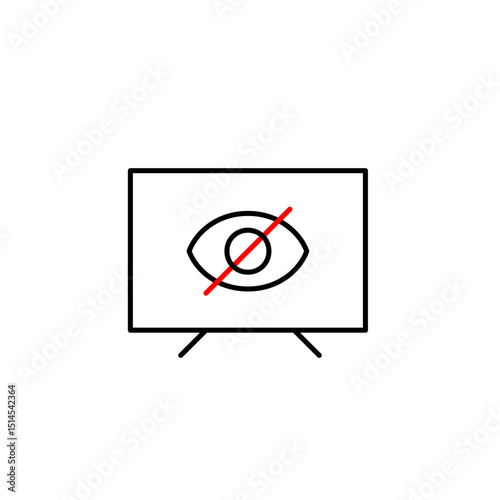 Vector icon of TV set with crossed-out eye, symbolizing hidden content, private viewing, or disabled display. Ideal for media apps, parental controls, and privacy-focused interfaces