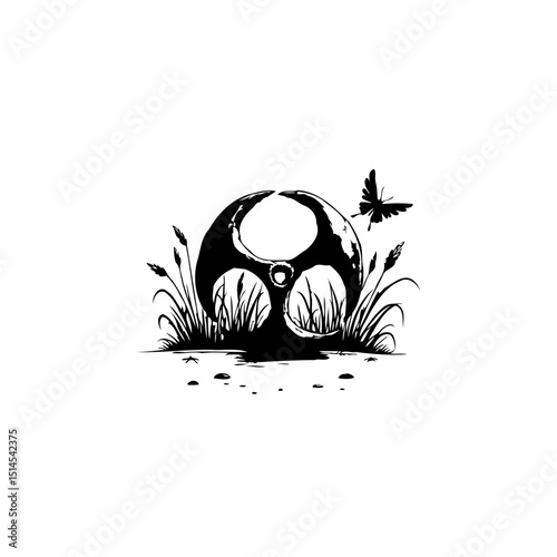 Biohazard Symbol in Nature: Butterfly, Grass, and Water Graphic Illustration