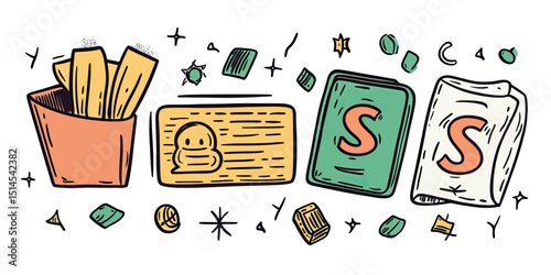 Hand drawn doodle set of loyalty cards, coupon ticket, fast food fries container, and reward icons for discount programs and membership benefits illustration
