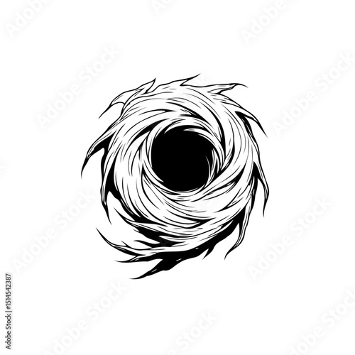 Monochrome swirling vortex artwork featuring intricate line work and stark contrast