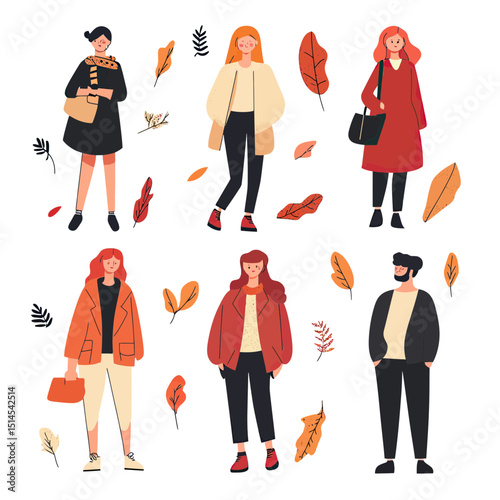 Diverse autumn people wearing casual fall fashion with coats scarves and accessories surrounded by falling leaves vector illustration flat style