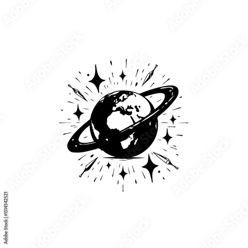 Stylized planet with ring system, stars, and cosmic dust in minimalist monochrome design
