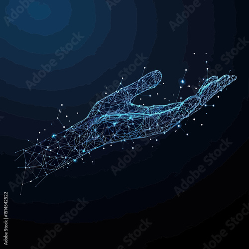 Futuristic digital wireframe hand with glowing connected dots and lines in blue polygonal mesh on dark background technology concept