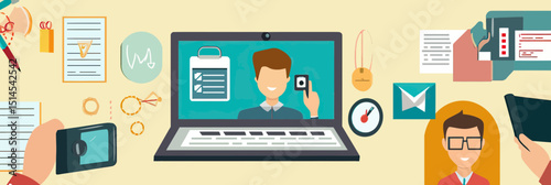 Flat vector illustration of online learning concept with laptop video call teacher student digital education and internet test taking elements in minimalist style