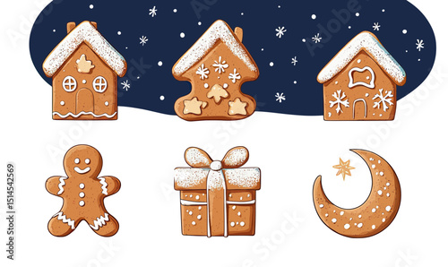 Set of festive gingerbread cookies shaped as house, tree, man, gift box, moon with winter snow decoration and icing sugar topping on white background holiday dessert