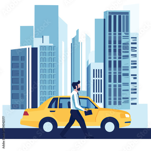Businessman walking with briefcase next to yellow taxi cab in urban cityscape with skyscrapers flat vector illustration