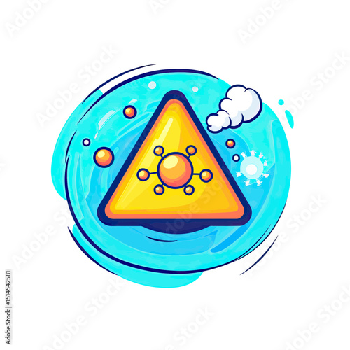 Yellow triangular radiation symbol with atomic nucleus icon and blue abstract background for nuclear energy and hazard warning concept vector illustration