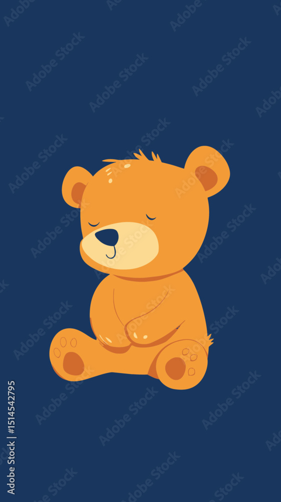 Obraz premium Cute sleeping teddy bear cartoon character sitting with closed eyes on dark blue background in flat minimalist vector style for children design and illustration