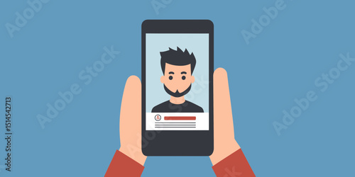 Mobile phone held by hands displaying happy man avatar profile with progress bar user interface in flat vector style illustration