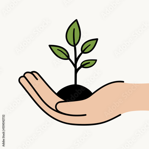 Flat minimalist vector illustration of hand holding small green plant with soil for growth and environmental care concept