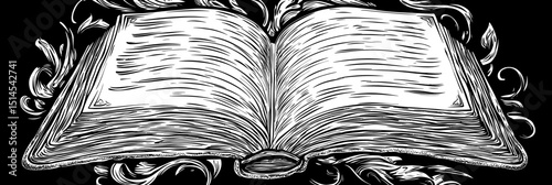 Open old book engraving black and white vintage vector illustration with ornamental floral decoration and textured pages design element for literature concept in minimalist style