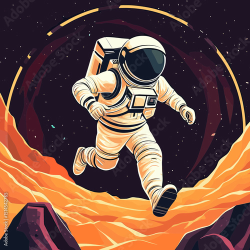 Futuristic astronaut running on rocky Mars surface with starry space background in flat minimalist vector style