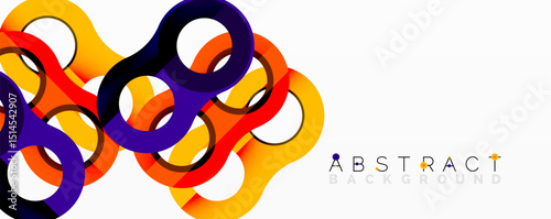 Vibrant looping shapes create dynamic abstract composition. Yellow, purple, black colors dominate white space. Modern design element.