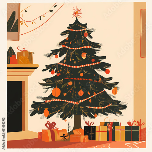 Cozy Christmas A Festive Illustration of a Decorated Christmas Tree and Presents by the Fireplace