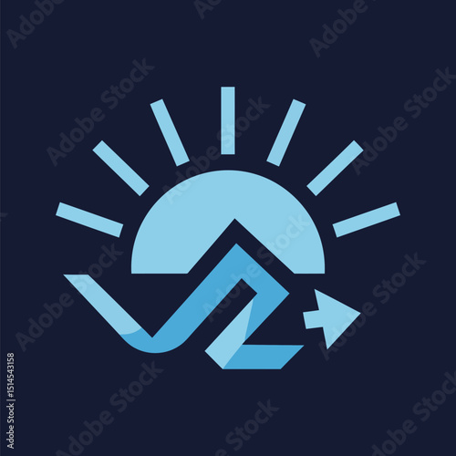 Abstract logo design featuring sun, mountains, and upward-trending waves.