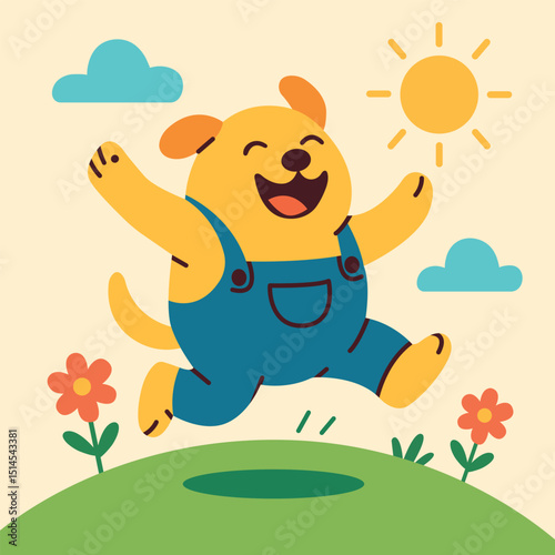 A joyful puppy wearing blue overalls jumps happily on a sunny meadow surrounded by flowers and clouds. 