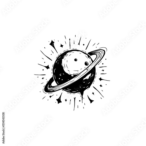Monochrome vector illustration of a planet with rings isolated on a white background