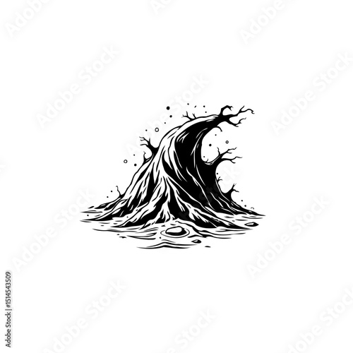 Monochromatic sinister tree illustration conveys eerie atmosphere and artistic appeal in a minimalist design