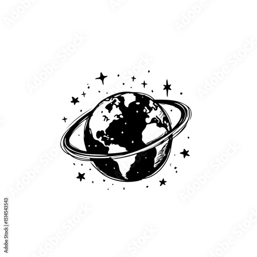 Black and white illustration of the planet earth with star, creating a cosmic scene