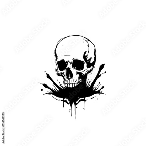 Striking monochrome skull illustration with expressive ink splatters and drips design