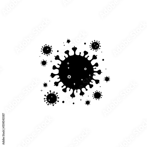 Detailed illustration of the coronavirus in black and white, representing disease and health
