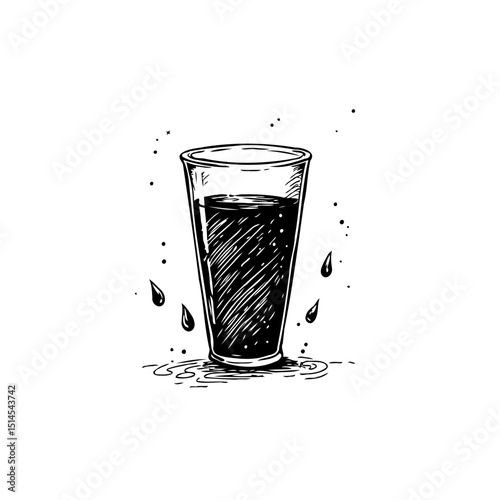 Illustration of refreshing dark drink in glass with drops and spill around
