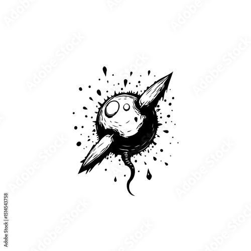 Abstract black and white ink drawing featuring a whimsical spiky orb creature