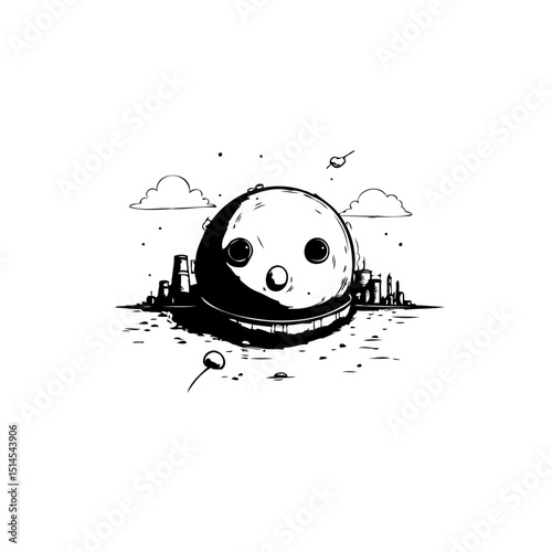 Surreal cityscape with moon-like face floating over skyline, whimsical illustration