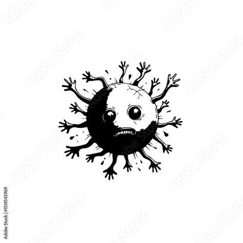 Expressive Virus Character with Frightened Facial Features in Monochrome Illustration