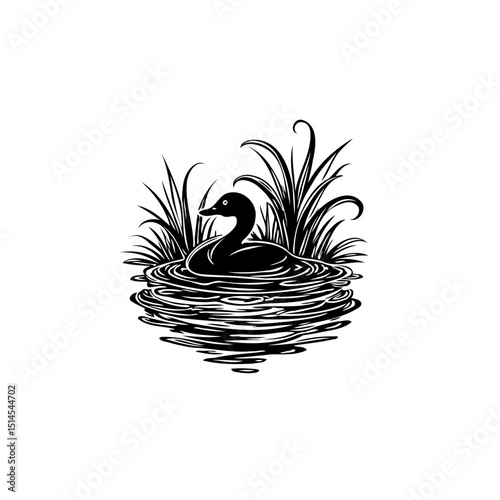 Elegant black and white duck illustration floating in water with reed background
