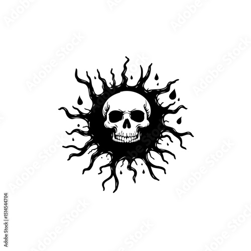 Skull emblem with sunburst design invoking goth and punk rock aesthetics