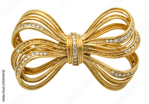 Stunning Gold  Diamond Bow Brooch Vintage Jewelry Elegant Accessory isolated on transparent background
