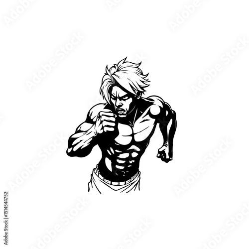 Illustration of muscular man in fighting pose in black and white design