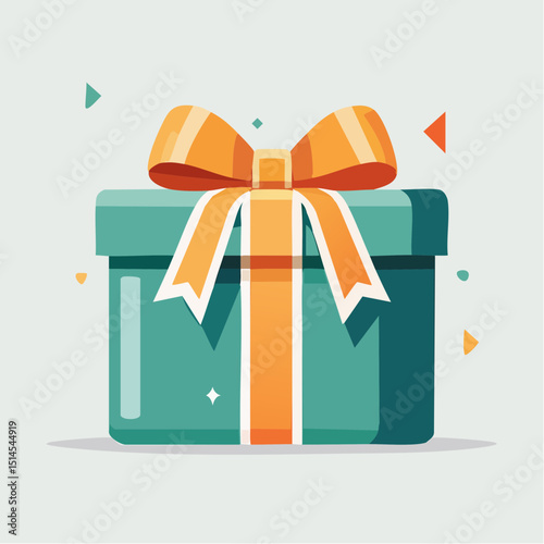 Festive Present Box: An illustration of a teal gift box, wrapped elegantly with a vibrant orange bow, is a charming visual suitable for any special occasion or holiday.