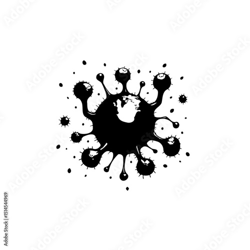 Stylized depiction of a virus with spiky projections in black and white
