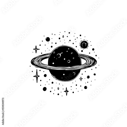 Hand-Drawn Saturn with Rings and Stars, Vector Illustration for Space Enthusiasts