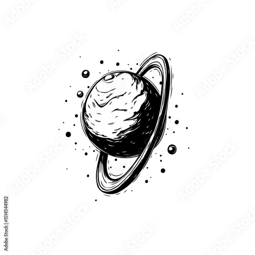 Monochrome Planet with Rings: An Artistic Illustration of Space Exploration and Wonder