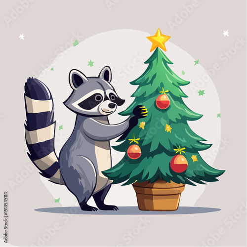 Christmas Raccoon Decorating Tree: A whimsical illustration depicts a cheerful raccoon adorning a vibrant Christmas tree, capturing the joyful spirit of the holiday season.